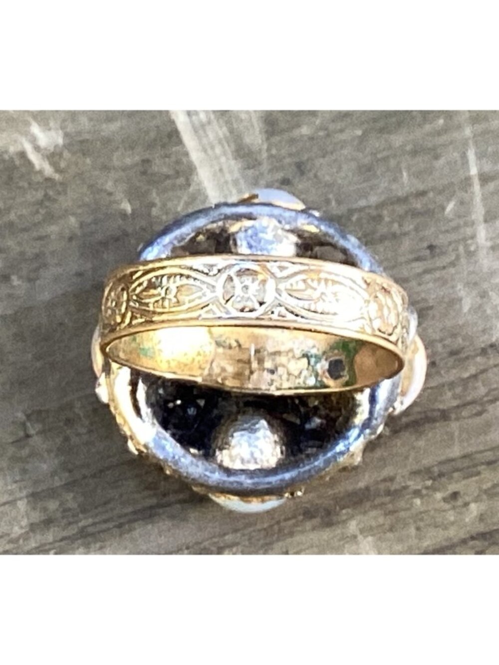 Vintage Ornate Faux Opal and Red Rhinestone Gold Tone Adjustable Cocktail Ring - Picture 6 of 7